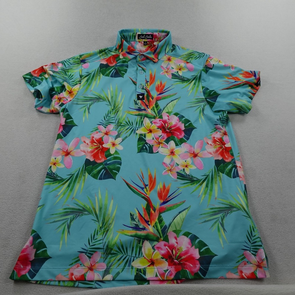 Bad Birdie Polo Shirt Mens Small Blue Floral Tropical Hawaiian Golf Performance
